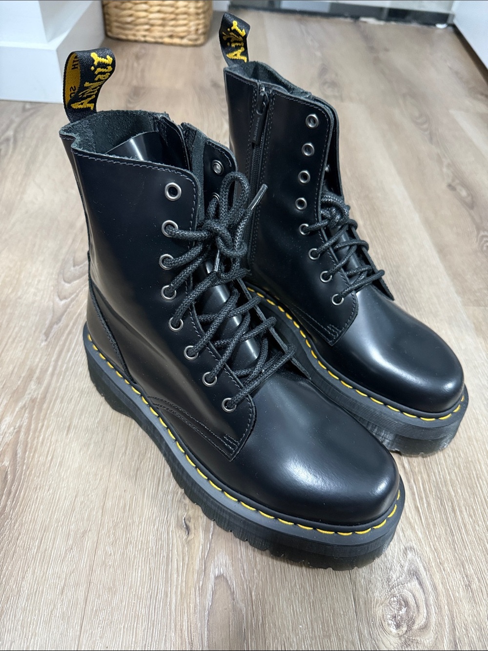 Dr. Martens Black Leather Platform Combat Boots with Yellow Stitching
